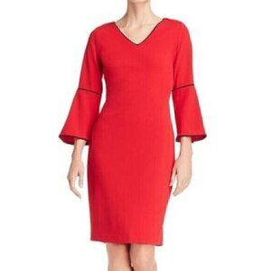 NEW NWT CALVIN KLEIN Red Black Piping 3/4 Sleeve Bell Sleeve Party Sheath Dress